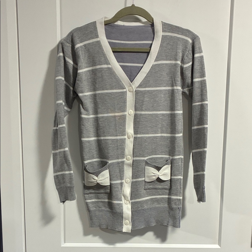 Adorable Grey Striped Women's Cardigan Sweater